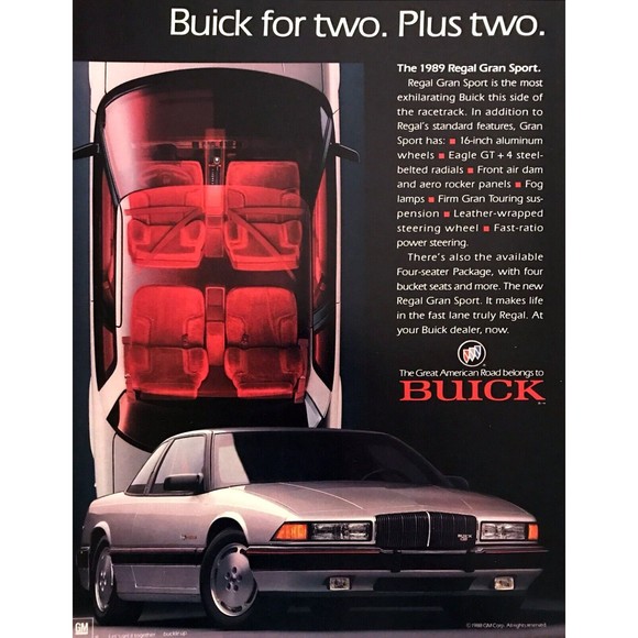 1989 Buick Regal Gran Sport Coupe photo "For Two+Two People" vintage print ad - Picture 1 of 1